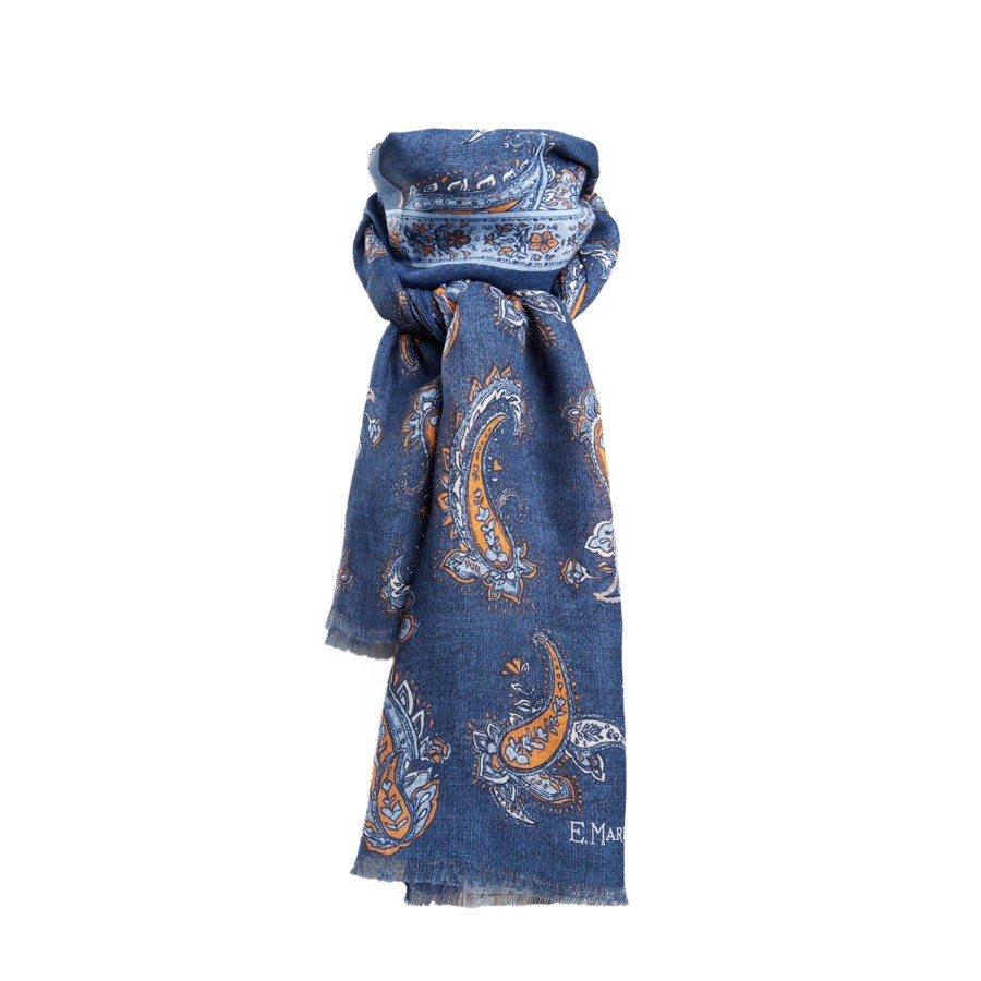 Wholesale E.Marinella Dark Blue Cotton And Linen Scarf - Paisley Pattern