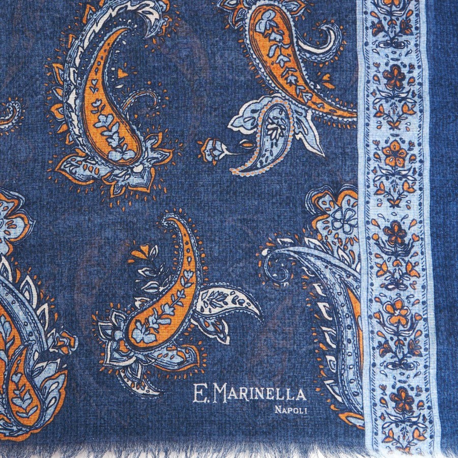 Wholesale E.Marinella Dark Blue Cotton And Linen Scarf - Paisley Pattern