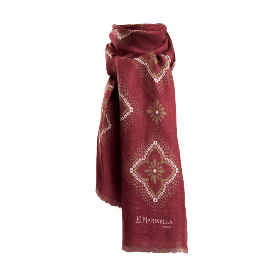 New E.Marinella Burgundy Cotton And Linen Scarf - Brown Macro Flowers