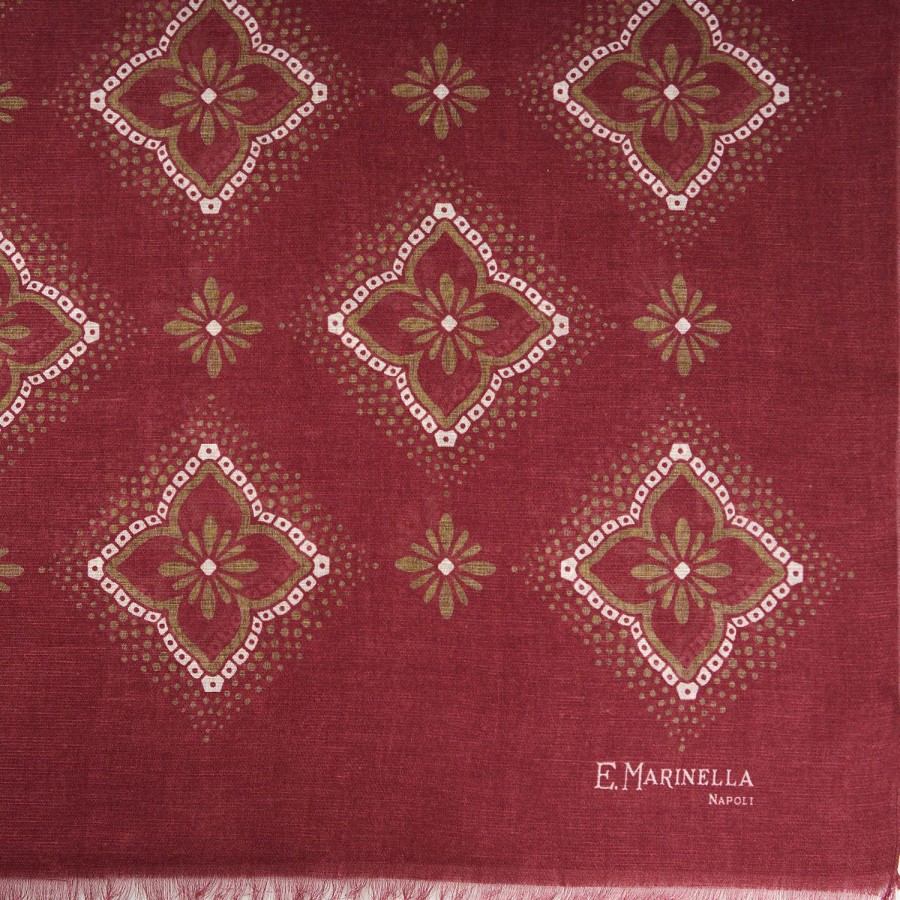 New E.Marinella Burgundy Cotton And Linen Scarf - Brown Macro Flowers