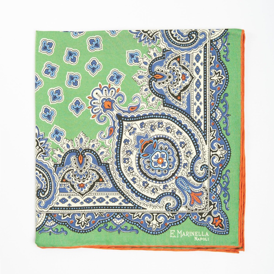 Clearance E.Marinella Green Hand-Printed Silk Pocket Square - Large Flower Pattern