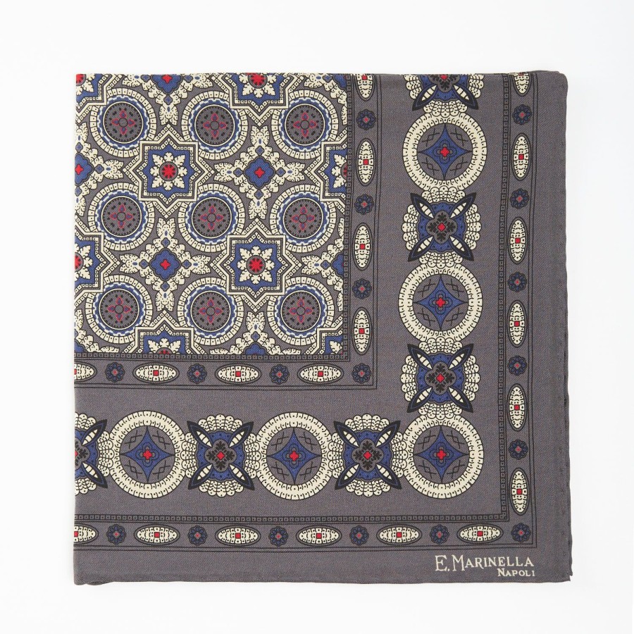 Online E.Marinella Dark Grey Hand-Printed Silk Pocket Square Large Flower Pattern