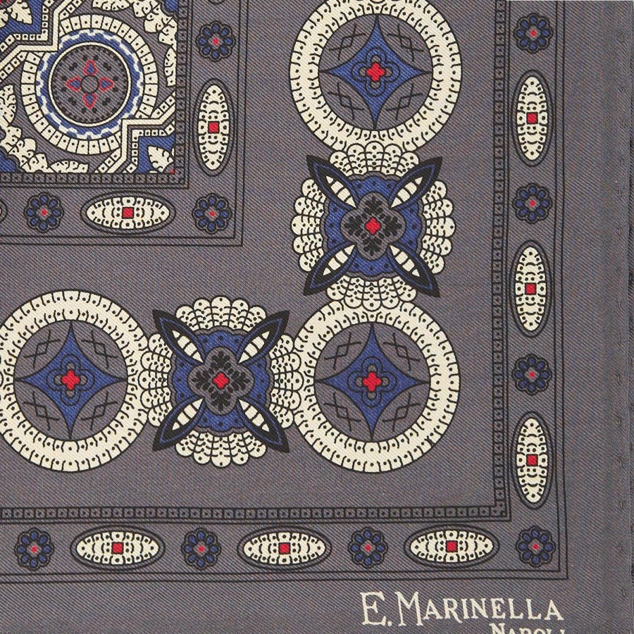 Online E.Marinella Dark Grey Hand-Printed Silk Pocket Square Large Flower Pattern