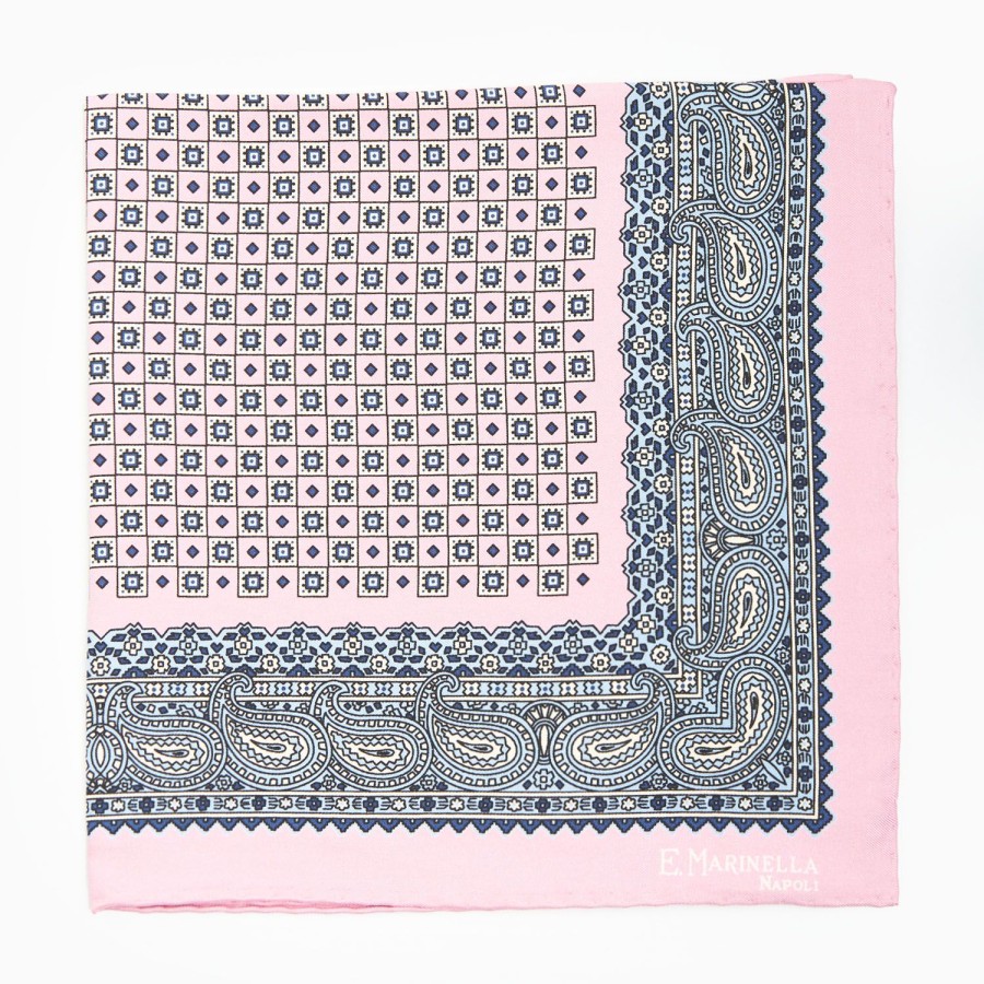 Hot E.Marinella Pink Hand-Printed Silk Pocket Square Small Flower Pattern