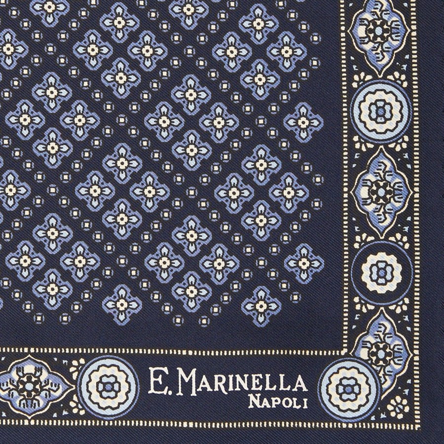 Wholesale E.Marinella Dark Blue Hand-Printed Silk Pocket Square Large Flower Pattern