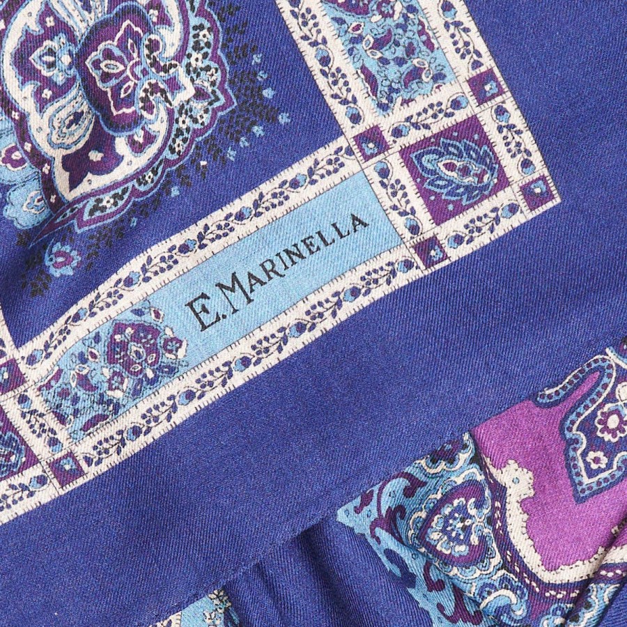 Hot E.Marinella Dark And Blue Wool Stole - Floral Pattern