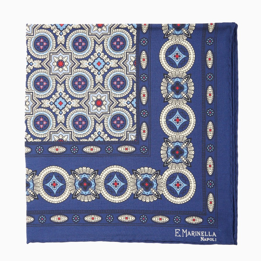 Wholesale E.Marinella Blue Hand-Printed Silk Pocket Square - Large Flower Pattern