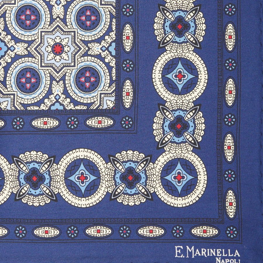 Wholesale E.Marinella Blue Hand-Printed Silk Pocket Square - Large Flower Pattern