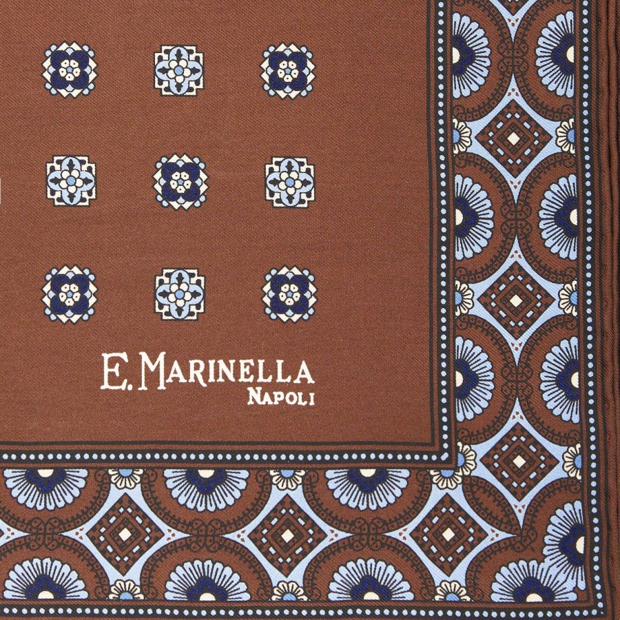 Wholesale E.Marinella Dark Brown Hand-Printed Silk Pocket Square Large Flower Pattern