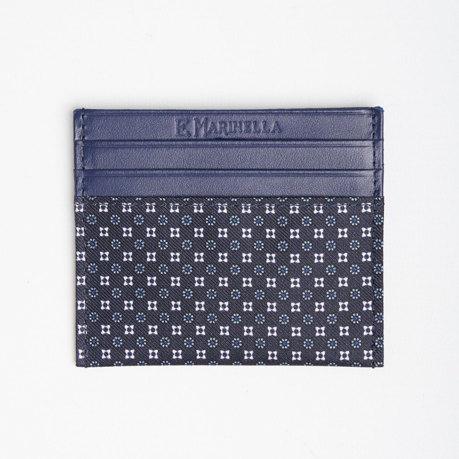 New E.Marinella Dark Blue Silk And Leather Credit Card Holder 5 Compartments