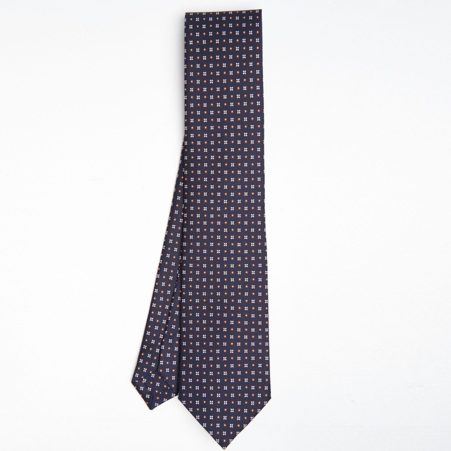 New E.Marinella Dark Blue Sartorial Classic Silk Tie Small Flower Pattern