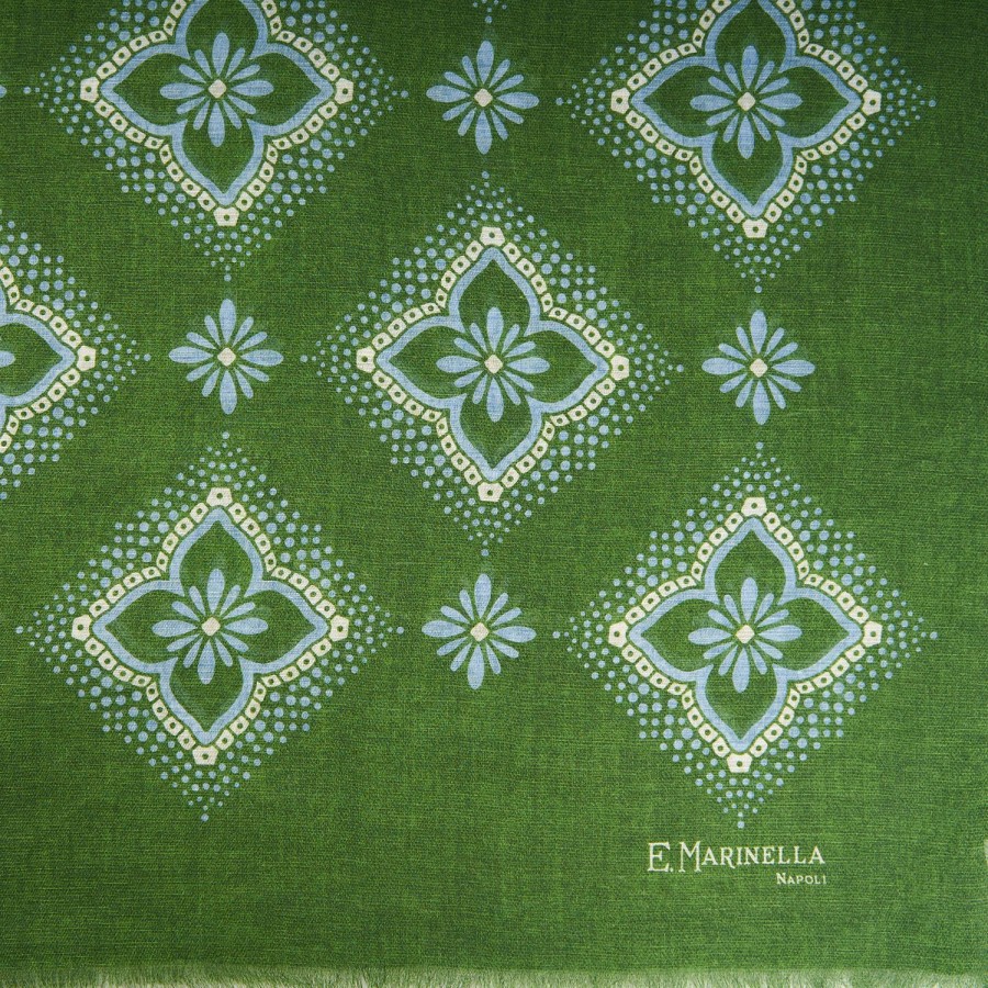 Clearance E.Marinella Olive Green Cotton And Linen Scarf - Light Blue Macro Flowers