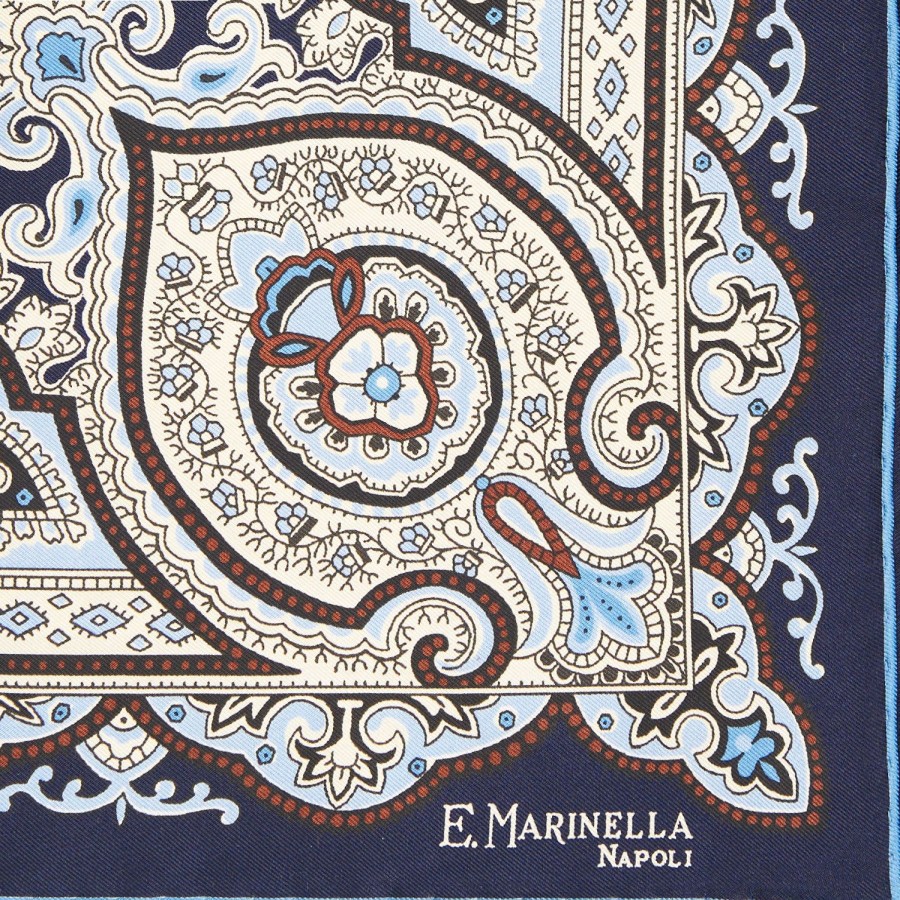 Hot E.Marinella Dark Blue Hand-Printed Silk Pocket Square Large Flower Pattern