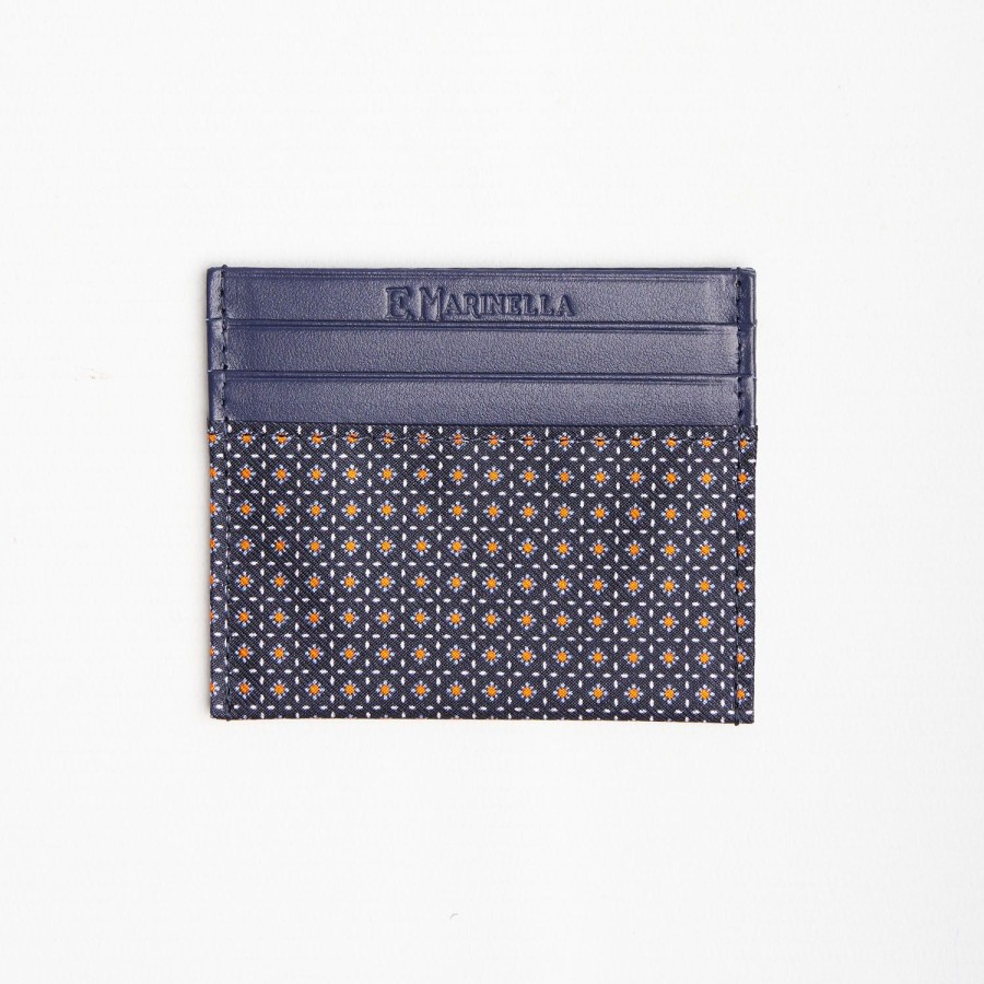 Clearance E.Marinella Dark Blue Silk And Leather Credit Card Holder 5 Compartments