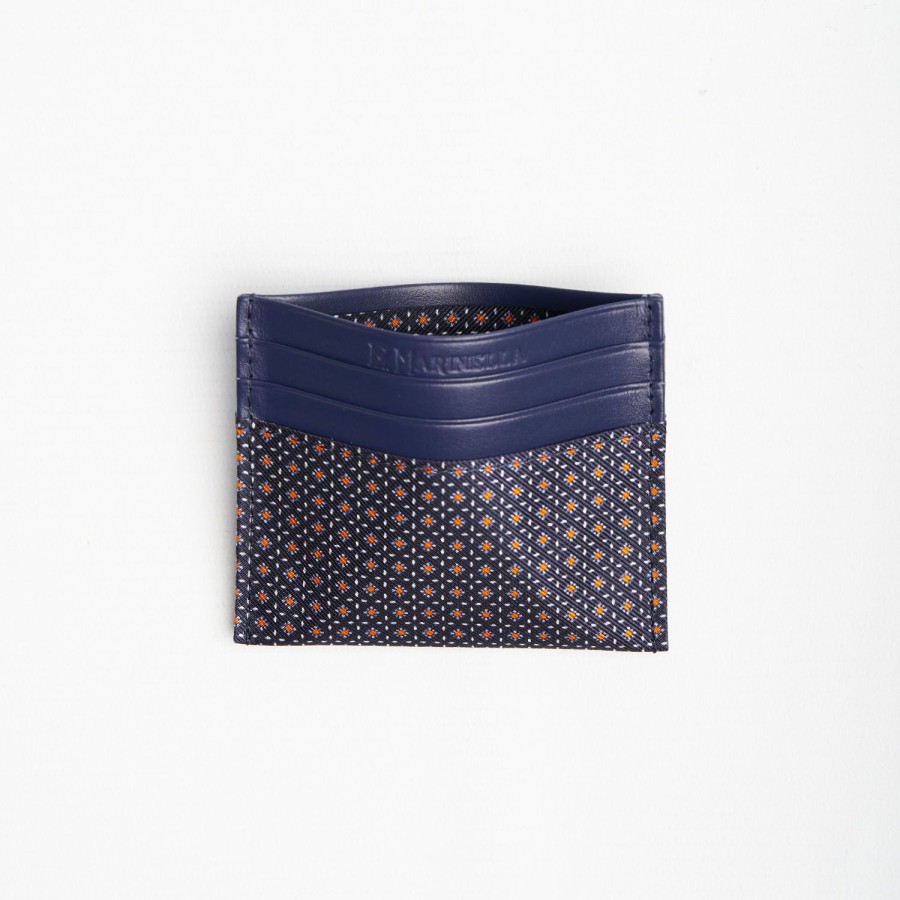 Clearance E.Marinella Dark Blue Silk And Leather Credit Card Holder 5 Compartments