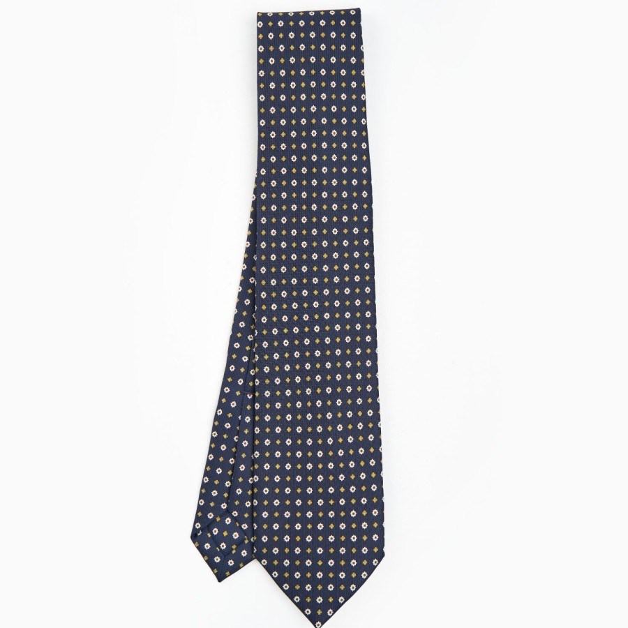 New E.Marinella Dark Blue 5 Fold Sartorial Silk Tie - Small Flower Pattern