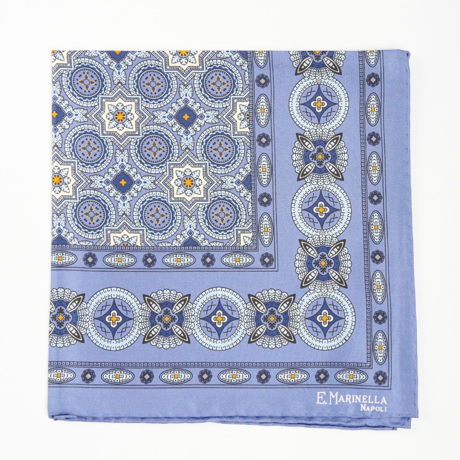 Clearance E.Marinella Powder Blue Hand-Printed Silk Pocket Square Large Flower Pattern