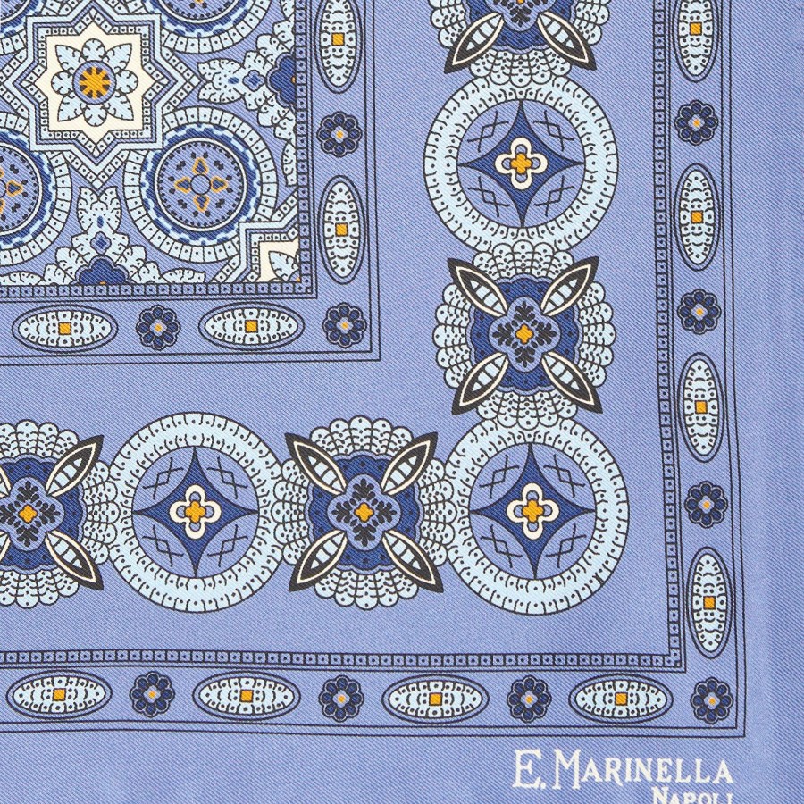 Clearance E.Marinella Powder Blue Hand-Printed Silk Pocket Square Large Flower Pattern