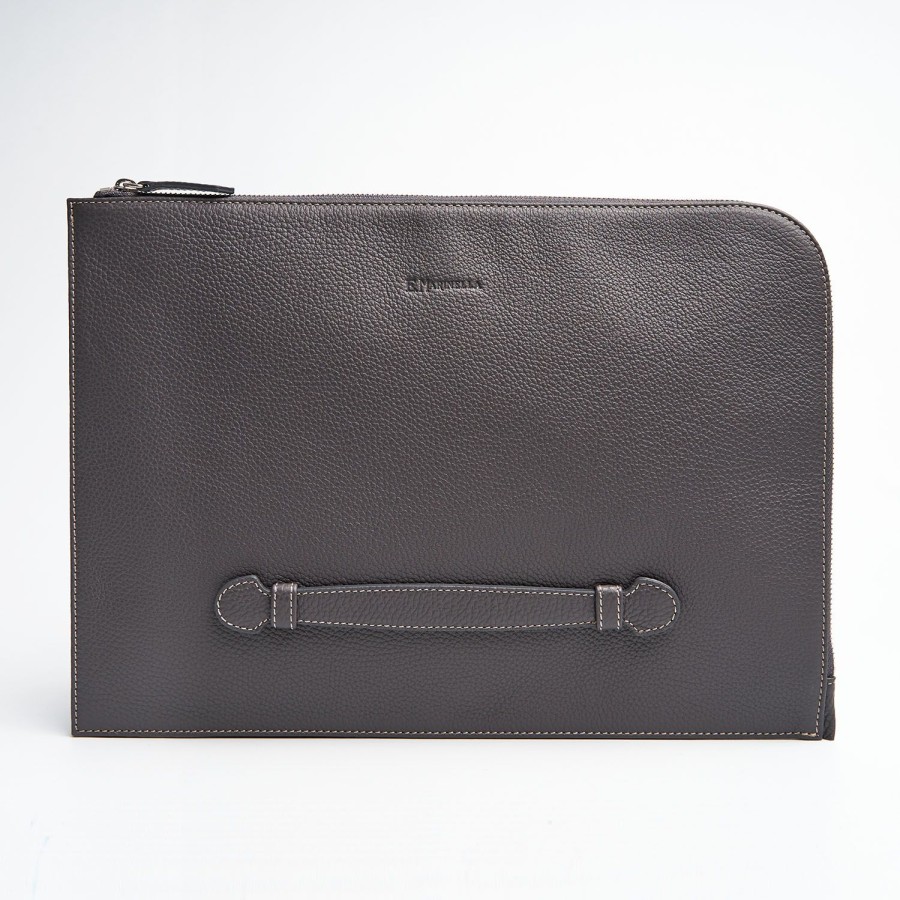 New E.Marinella Dark Grey Leather Portfolio With Strap