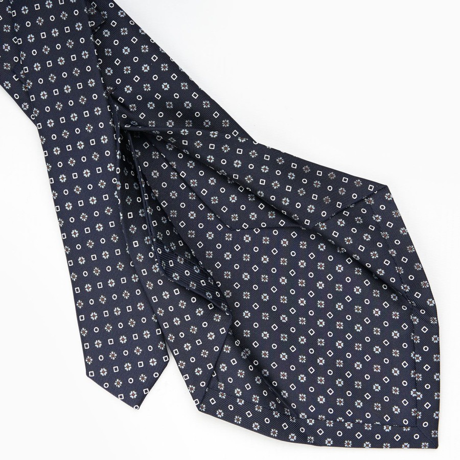 Wholesale E.Marinella Dark Blue 5 Fold Sartorial Silk Tie - Small Flower Pattern