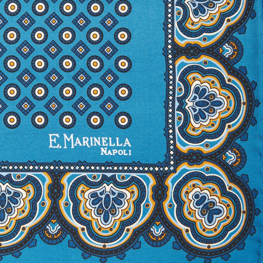 Best E.Marinella Mid Blue Hand-Printed Silk Pocket Square Large Flower Pattern