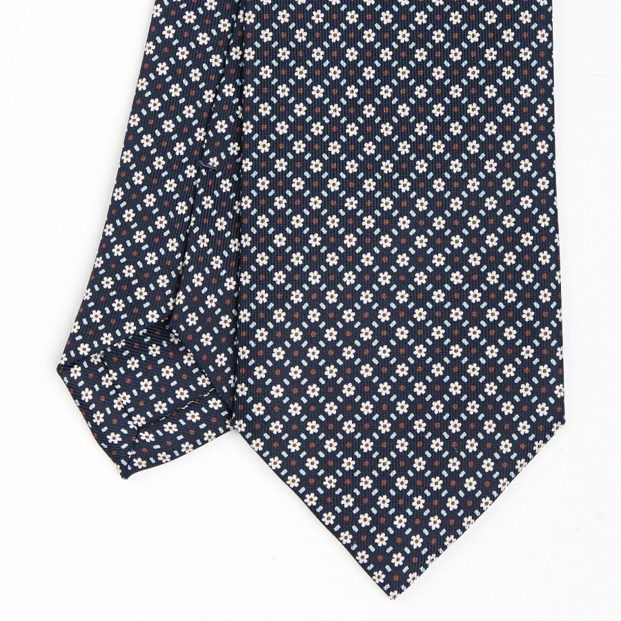 Clearance E.Marinella Dark Blue Sartorial Classic Silk Tie - Small Flower Pattern