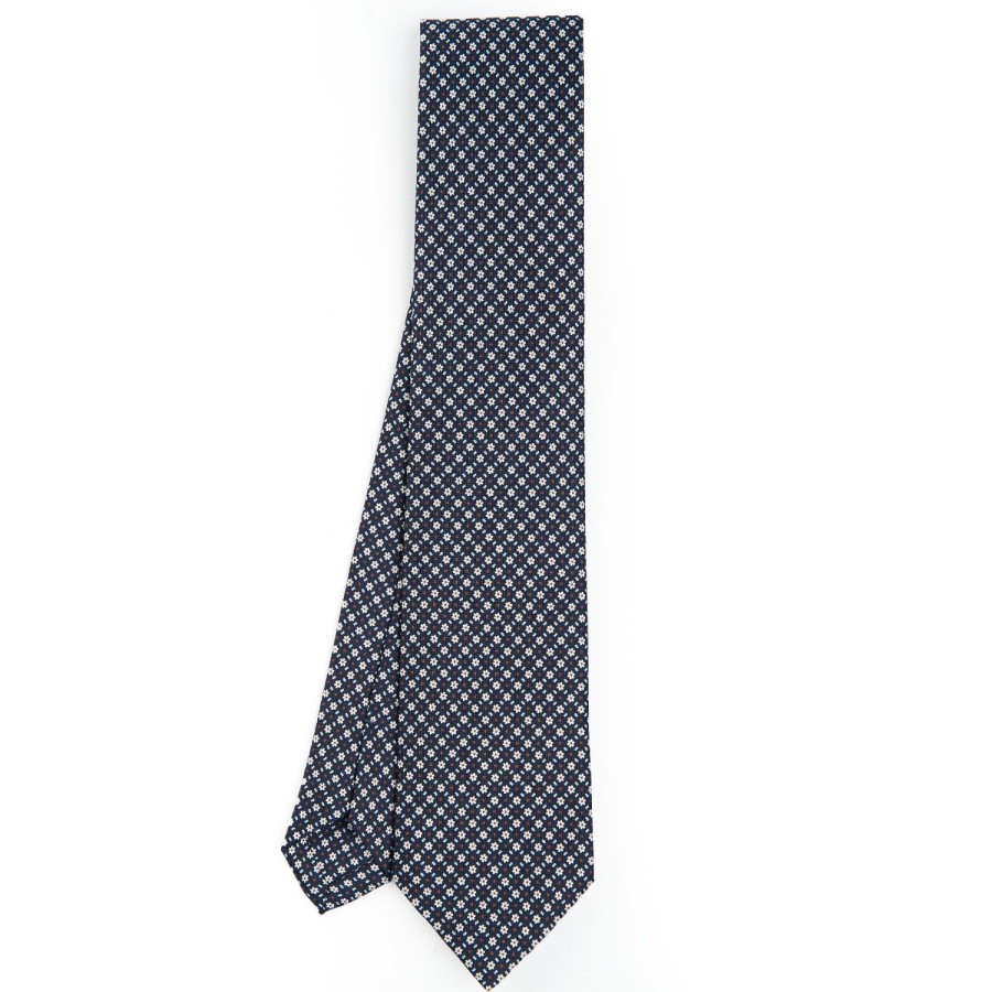 Clearance E.Marinella Dark Blue Sartorial Classic Silk Tie - Small Flower Pattern