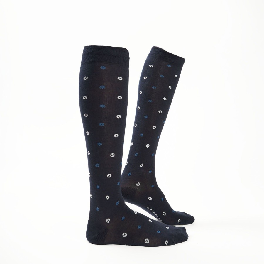 Clearance E.Marinella Long Blue Cotton Socks - Small Flower Pattern