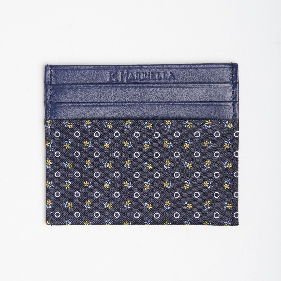 Hot E.Marinella Dark Blue Silk And Leather Credit Card Holder 5 Compartments