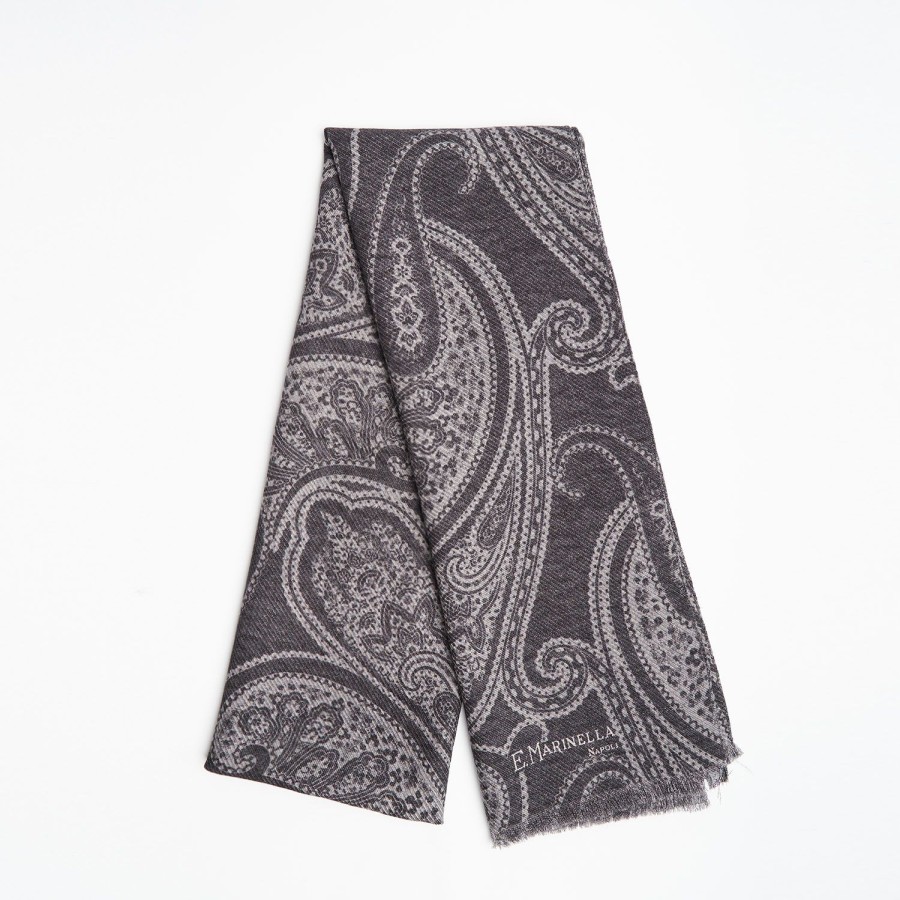 New E.Marinella Gray Wool Stole - Paisley Pattern