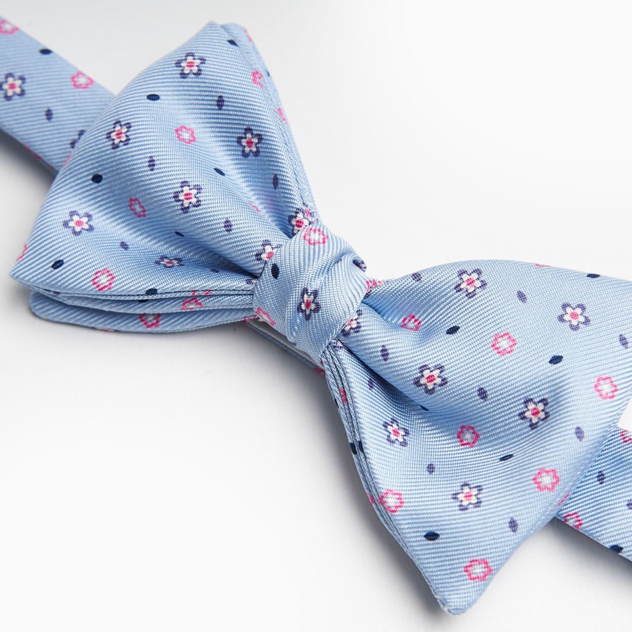 New E.Marinella Light Blue Pre-Knotted Silk Bowtie - Small Flower Pattern