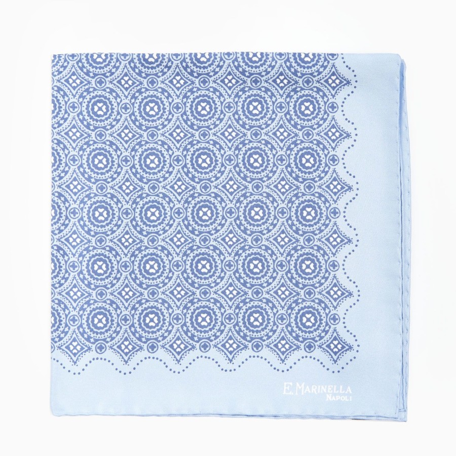 Wholesale E.Marinella Light Blue Hand-Printed Silk Pocket Square Large Flower Pattern