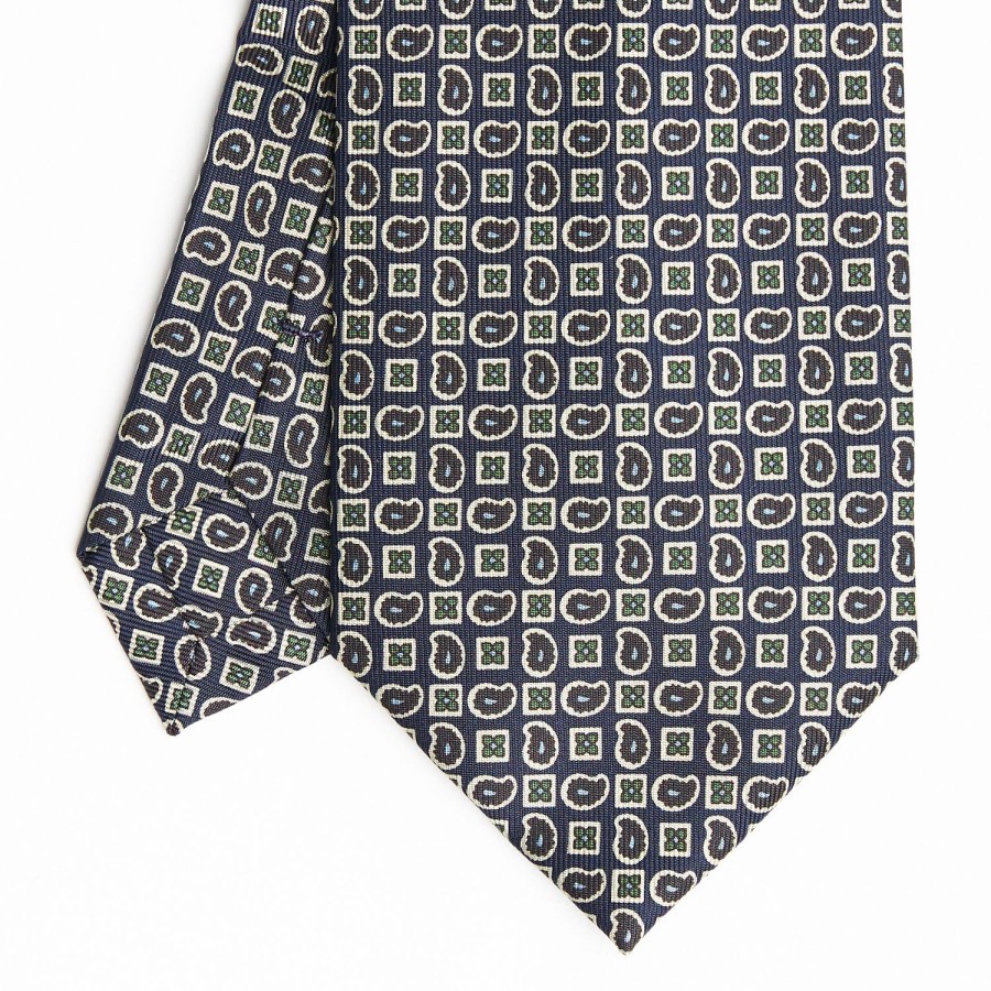 New E.Marinella Dark Blue Extra Long Sartorial Silk Tie - Paisley Pattern