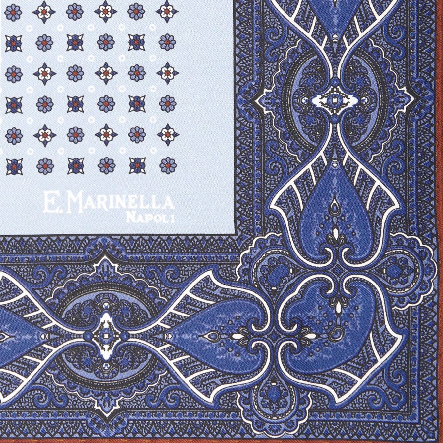 New E.Marinella Light Blue Hand-Printed Silk Pocket Square Small Flower Pattern