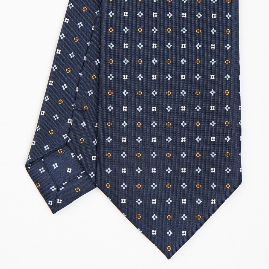 New E.Marinella Dark Blue Sartorial Classic Silk Tie - Small Flower Pattern