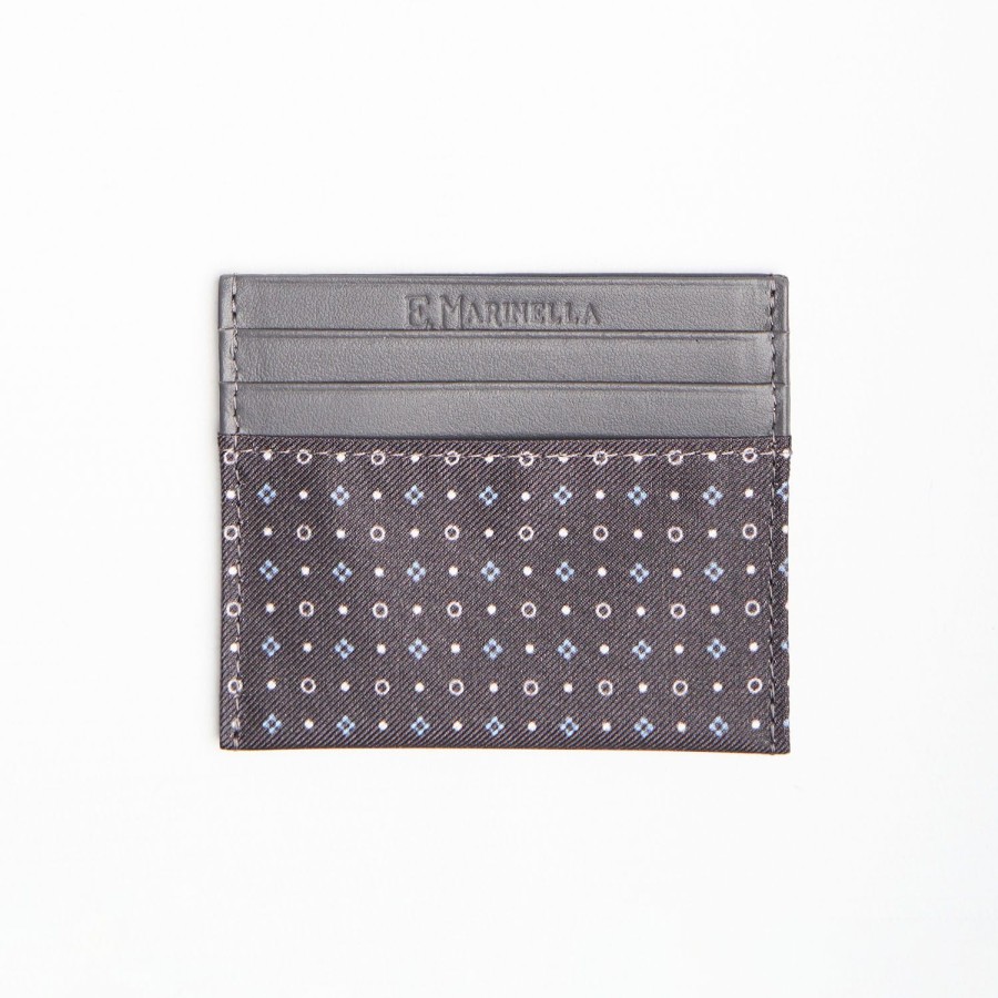 New E.Marinella Dark Grey Leather And Silk Credit Card Holder - 5 Compartments