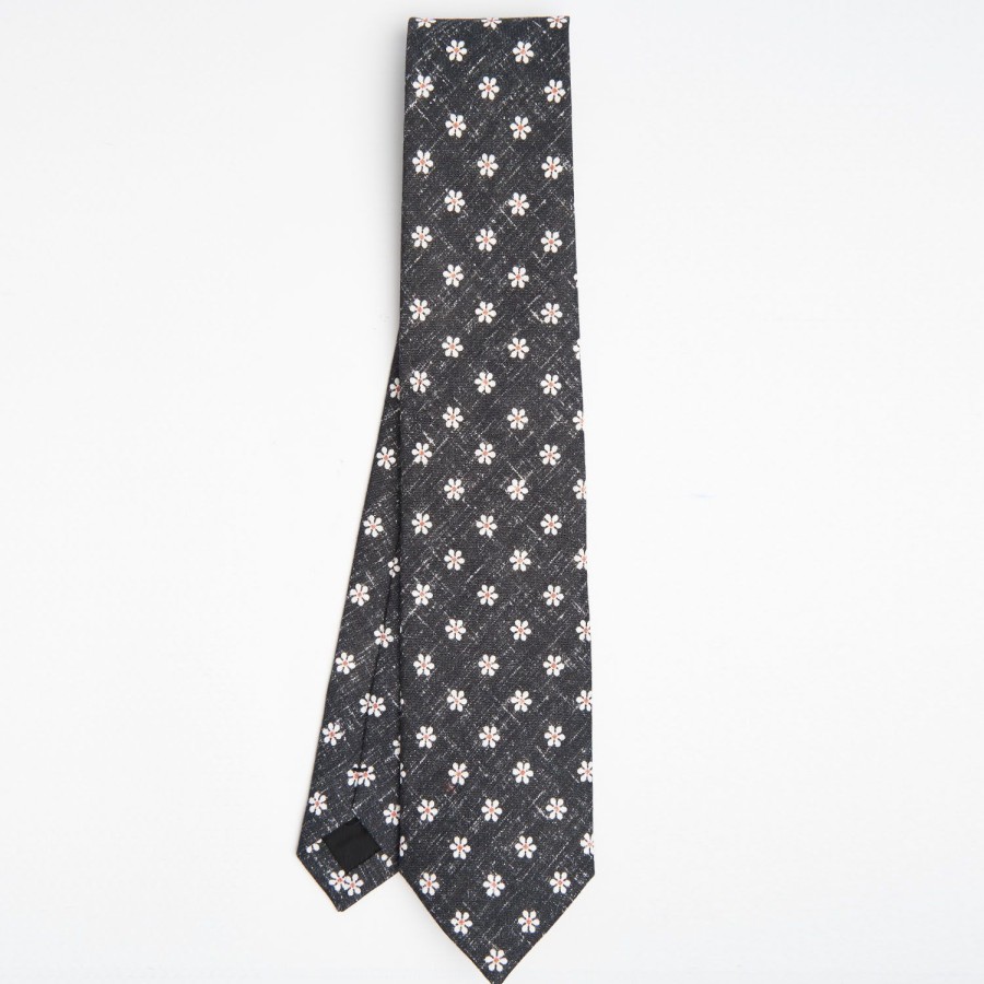 Wholesale E.Marinella Black Sartorial Cotton And Silk Tie - Large Flower Pattern