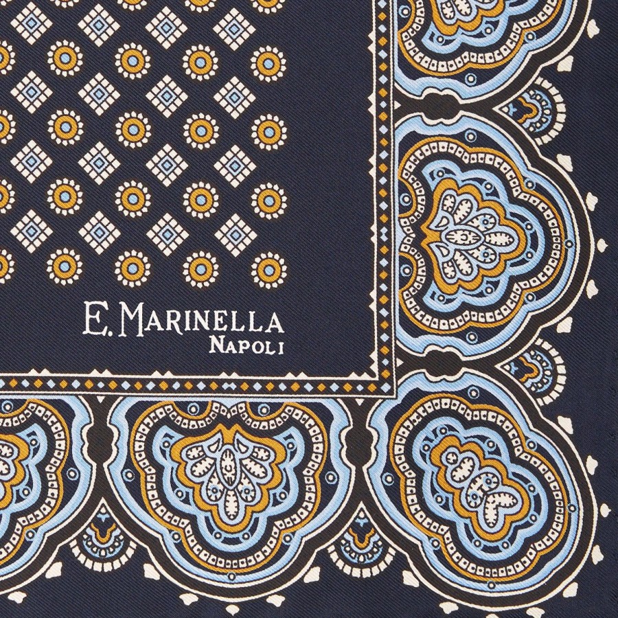 Hot E.Marinella Dark Blue Hand-Printed Silk Pocket Square Large Flower Pattern