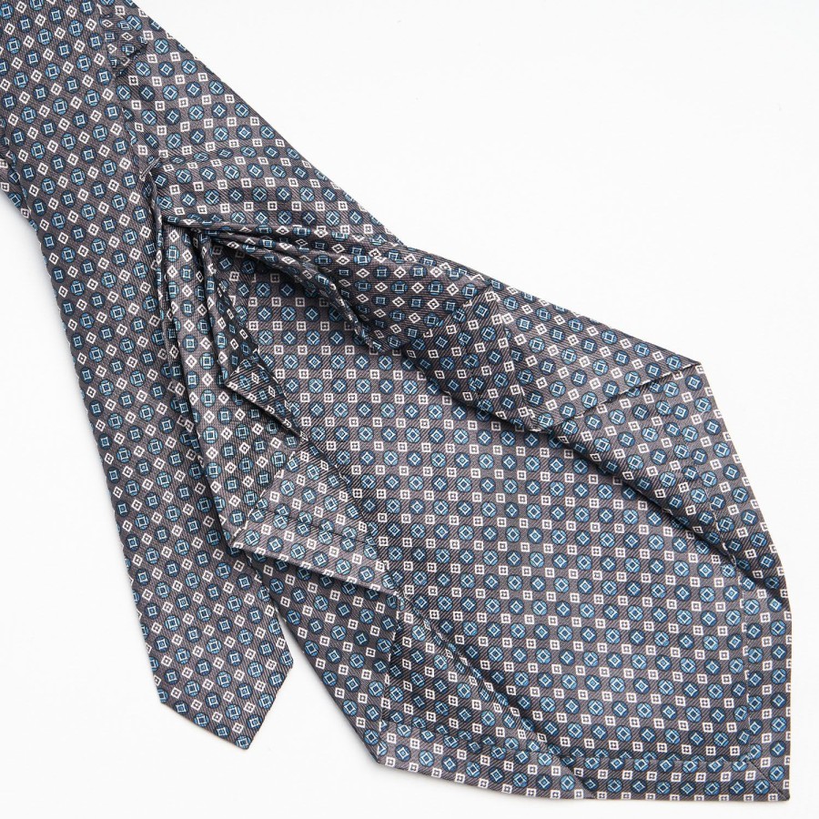 New E.Marinella Dark Grey 9 Fold Sartorial Silk Tie - Small Geometric Pattern