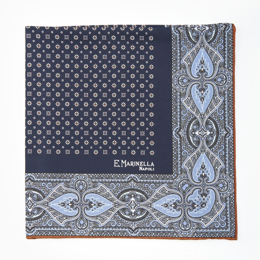 Clearance E.Marinella Dark Blue Hand-Printed Silk Pocket Square Small Flower Pattern