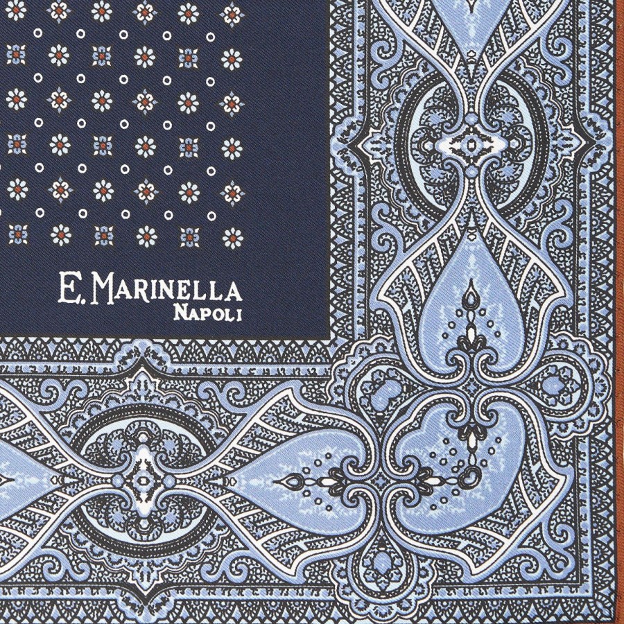 Clearance E.Marinella Dark Blue Hand-Printed Silk Pocket Square Small Flower Pattern