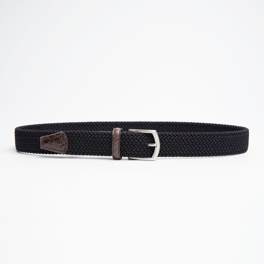 New E.Marinella Woven Stretch Belt With Alligator Trims