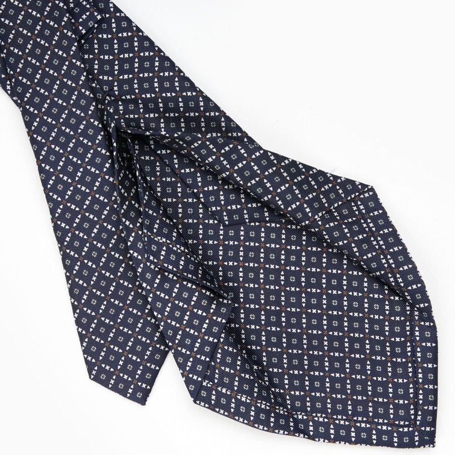 Hot E.Marinella Dark Blue 5 Fold Sartorial Silk Tie - Small Flower Pattern