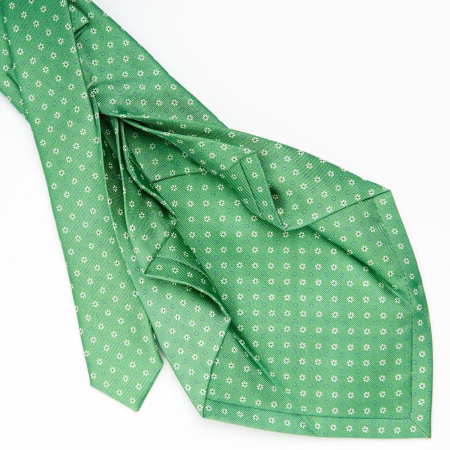 Clearance E.Marinella Green 7 Fold Sartorial Silk Tie - Small Flower Pattern