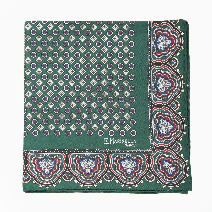 Hot E.Marinella Dark Green Hand-Printed Silk Pocket Square Small Flower Pattern