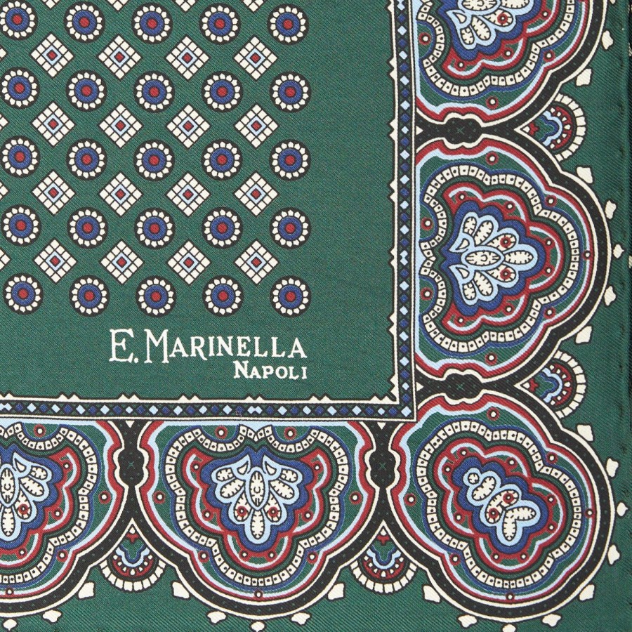 Hot E.Marinella Dark Green Hand-Printed Silk Pocket Square Small Flower Pattern