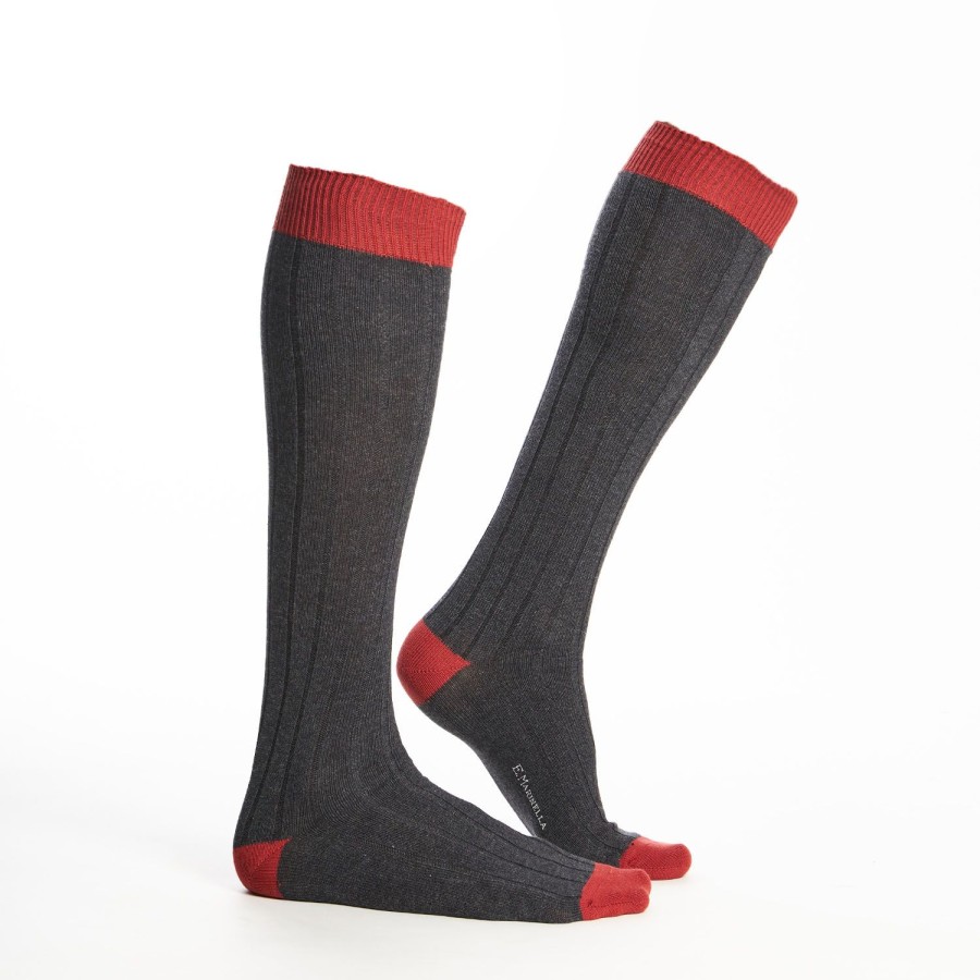 Best E.Marinella Long Grey And Red Bicolor Cotton Socks - Solid Color