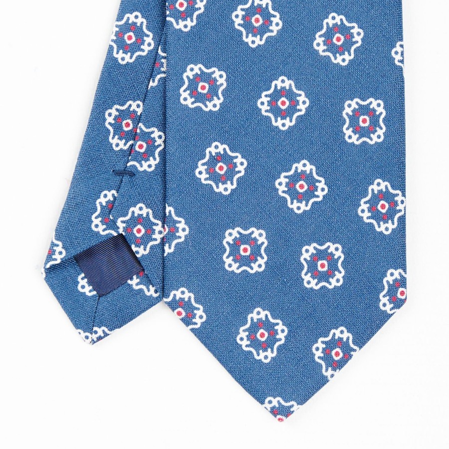 Wholesale E.Marinella Mid Blue Sartorial Linen Tie - Large Flower Pattern