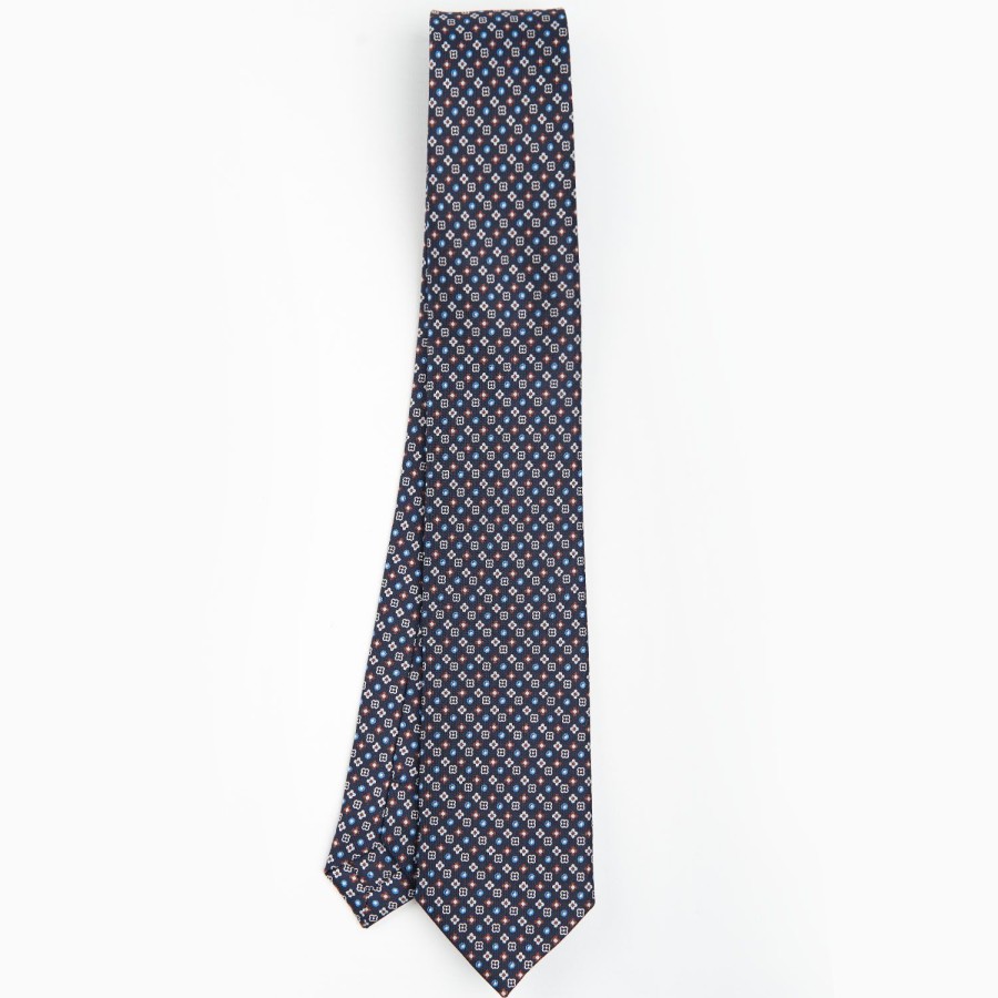 Wholesale E.Marinella Dark Blue Sartorial 7 Cm Silk Tie - Small Flower Pattern