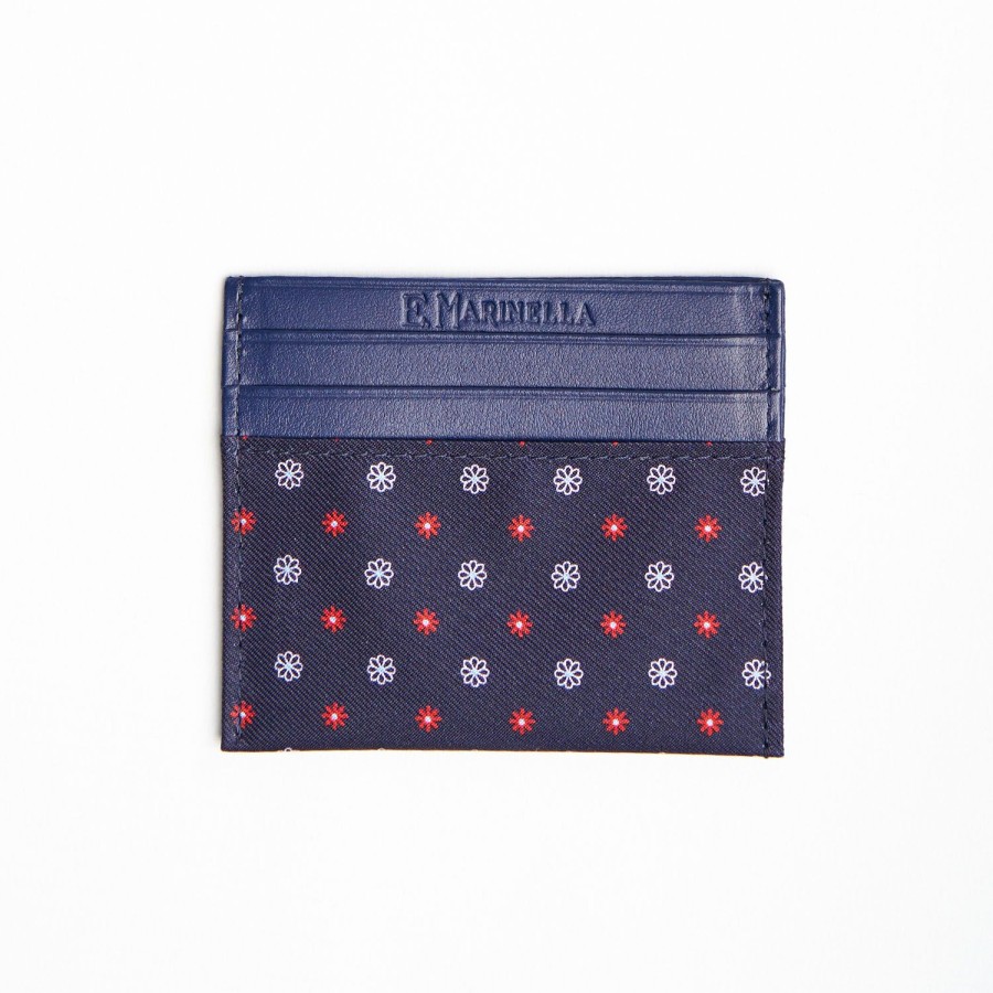 New E.Marinella Dark Blue Silk And Leather Credit Card Holder 5 Compartments